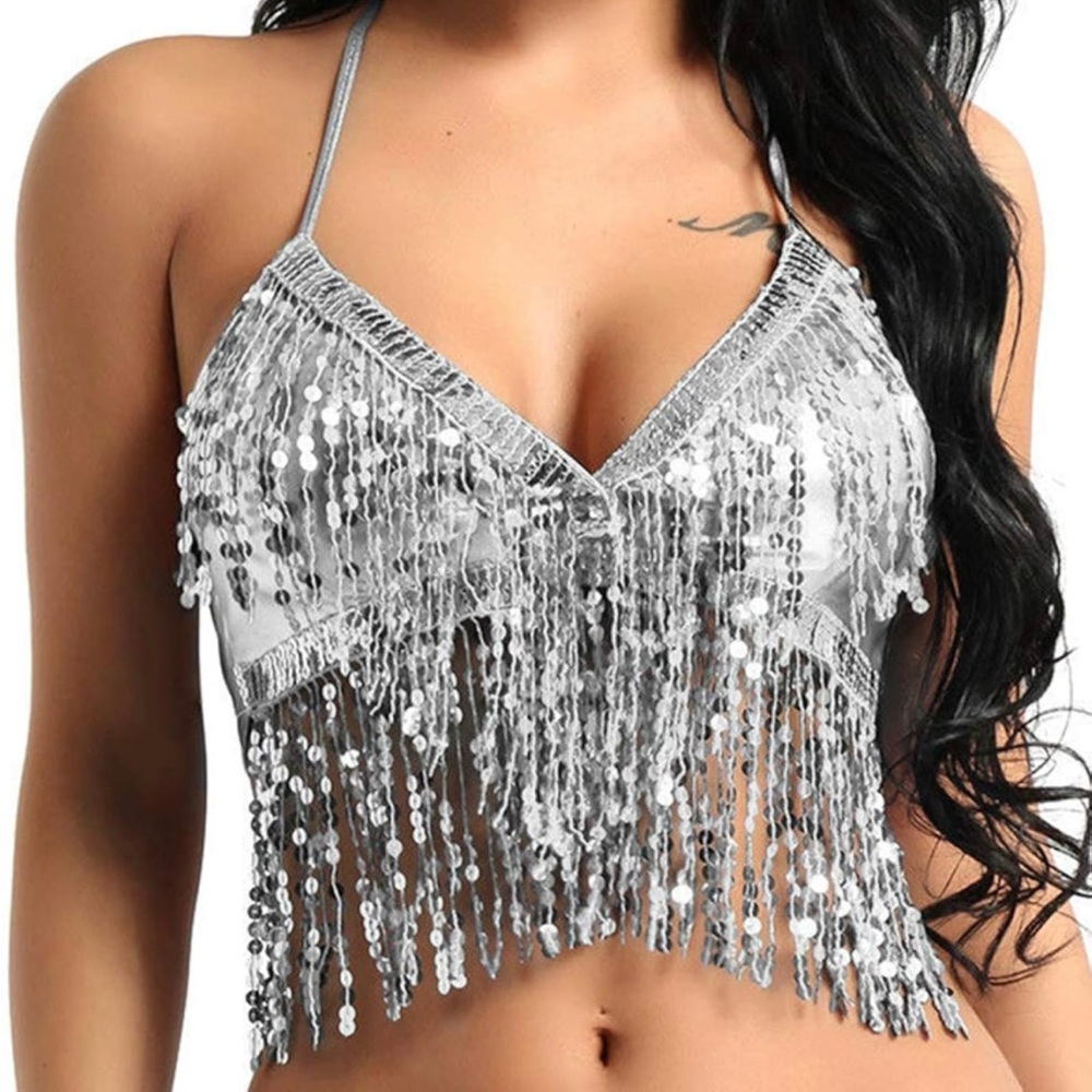 Silver sparkly fringe bra that ties in the back